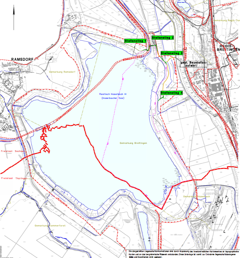 Lageplan der Baustellen an den vier Steilanstiegen des Haselbacher Sees (grün gekennzeichnet) © LMBV